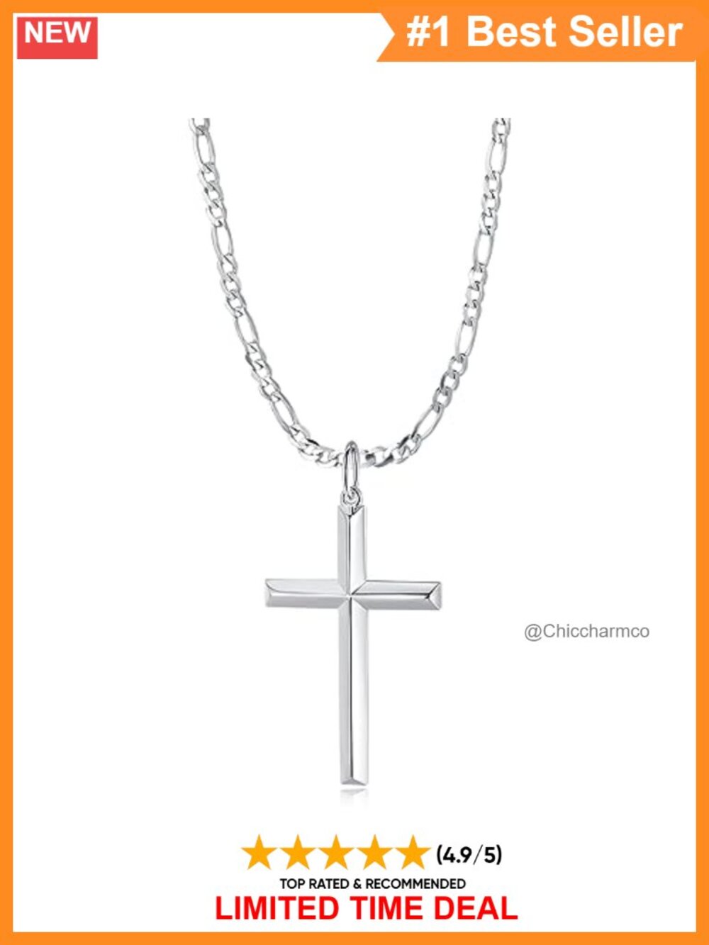 Men's 925 Sterling Silver Cross Pendant Necklace 24" Figaro Chain